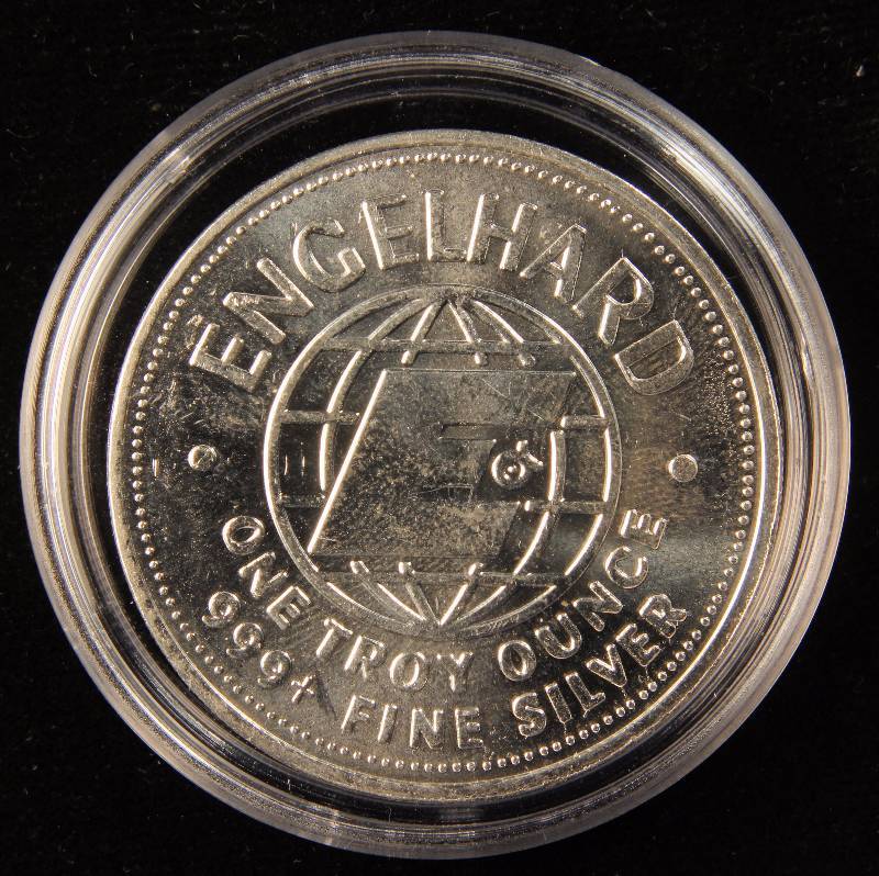 1 TROY OZ. .999 FINE SILVER ROUND 1982 ENGELHARD THE AMERICAN PROSPECTOR IN AIRTITE HOLDER