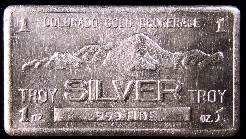 1 TROY OZ. .999 FINE SILVER BAR COLORADO GOLD BROKERAGE DESIGN