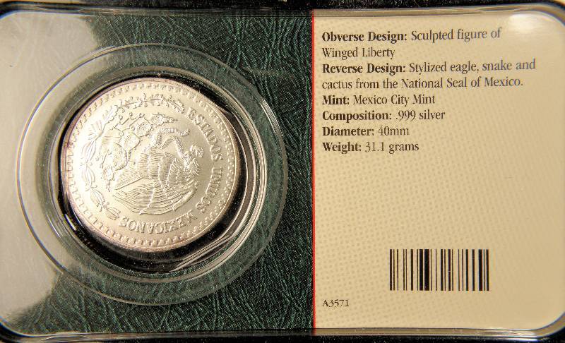 1993 MEXICO LIBERTAD 1 TROY OZ. .999 SILVER COIN 1 ONZA PURA PLATA BU UNC IN LITTLETON HOLDER BETTER DATE