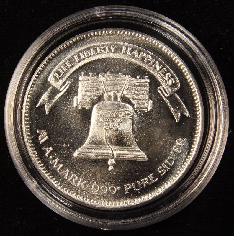 1 TROY OZ. .999 FINE SILVER 1982 A-MARK LIBERTY ROUND IN AIRTITE HOLDER