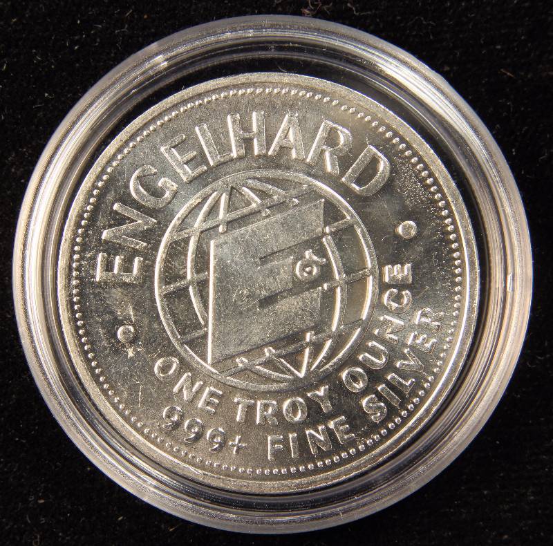 1 TROY OZ. .999 FINE SILVER ROUND 1982 ENGELHARD THE AMERICAN PROSPECTOR IN AIRTITE HOLDER