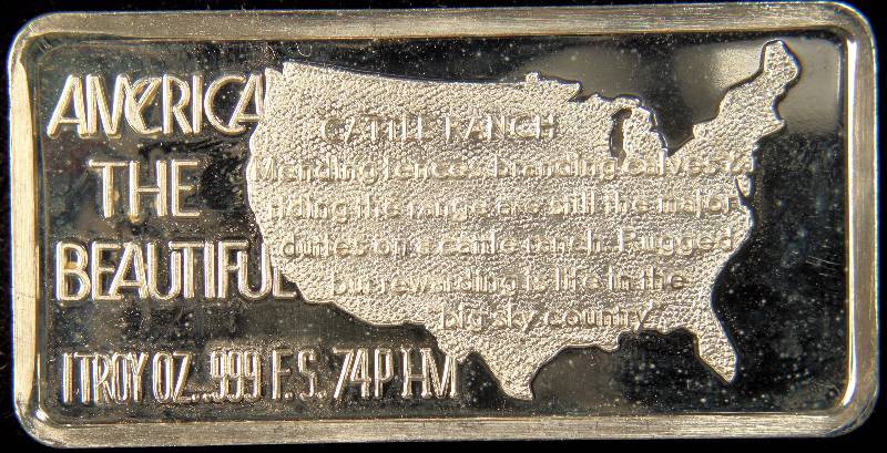 1 TROY OZ. .999 FINE SILVER AMERICA THE BEAUTIFUL - CATTLE RANCH DESIGN