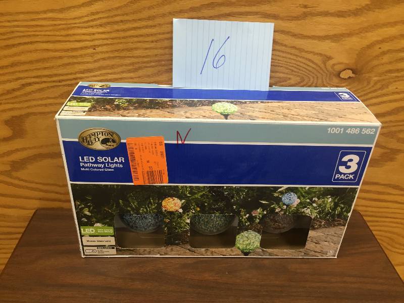 lot 16 image: Hampton Bay Solar Powered Jewelry Mosaic Patterned Globe Stake Light (3-Pack)
