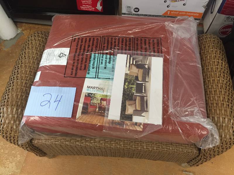 lot 24 image: Martha Stewart Living Charlottetown Natural All-Weather Wicker Patio Ottoman with Quarry Red Cushion