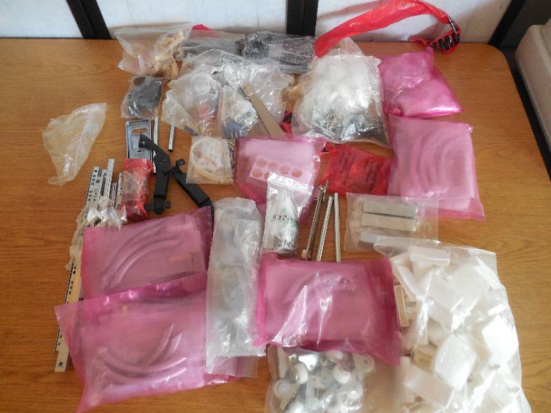 MISC. BOX LOT OF FURNITURE HARDWARE - SCREWSKNOBSHINGES