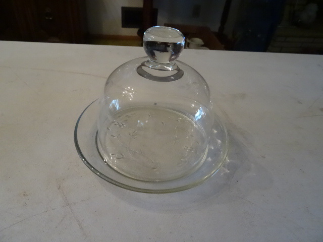 Glass Butter Dish Etched and Raised