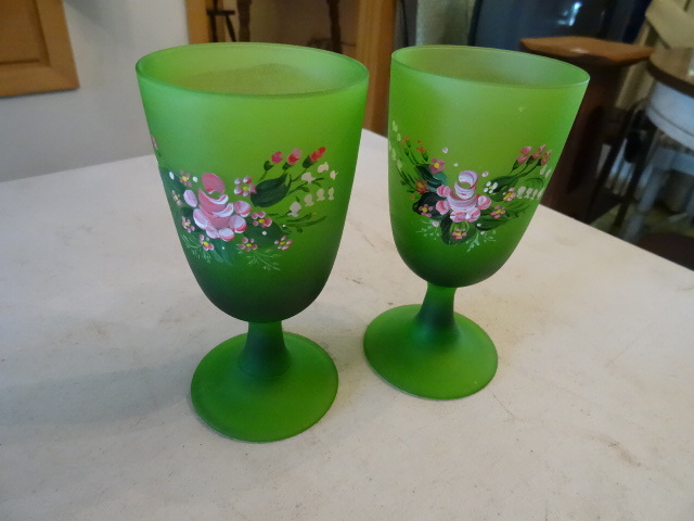 Hand Painted Green Glass Goblets Pair