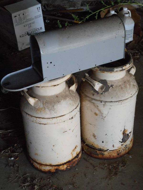 lot 60 image: (2) Vintage Steel Milk Cans & (1) M...