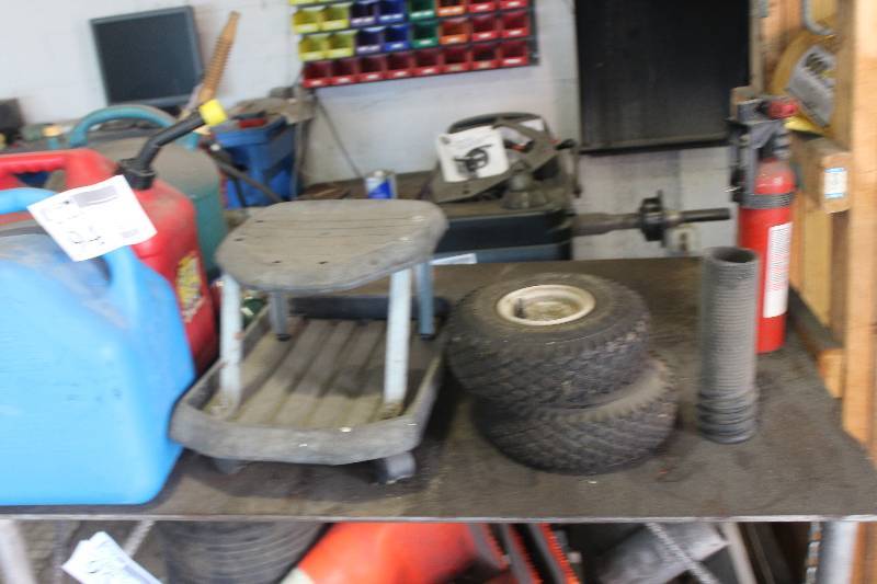 lot 94 image: Contents of 2-Wheel Cart Including Fuel Cans, Emergency Cones, Crawler, Spare Tires