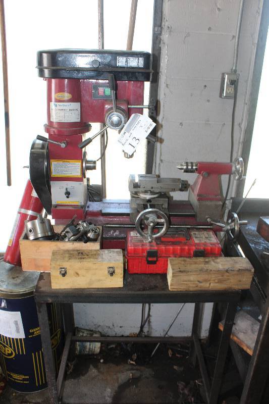lot 13 image: Bench & Contents of Tools Includes Northern Tool Drill, Mill, Lathe multi purpose machine with accessories.