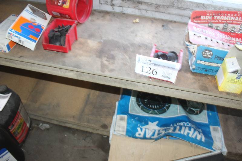 lot 126 image: Lot of (2) Shelf Lots Including Brake Equipment, Battery Terminals, Tire Chains, And More