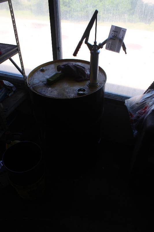 lot 131 image: Oil Pump w 55-Gallon Drum Of New Brake Cleaner (50% full Approx)