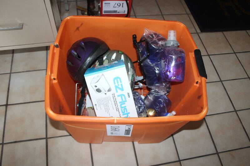lot 168 image: Box Lot of Toilet Hardware, Bike Helmets, And More