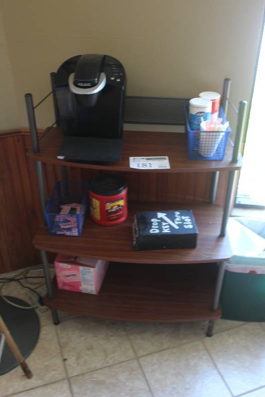 lot 181 image: 3-Shelf Display & Contents Including Key Drop Box, Condiments, Keurig Dispenser,