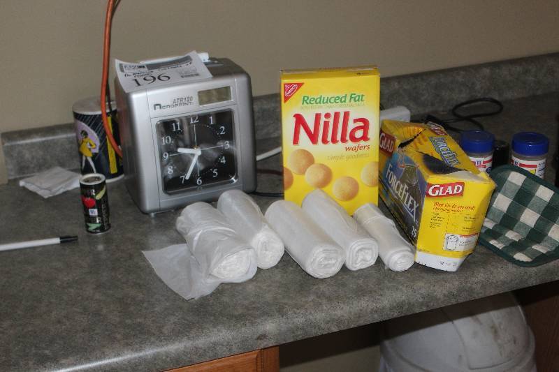 lot 196 image: Remaining Contents of Room Including ATR120 Microprint Time Clock, Plastic Bags, Snacks