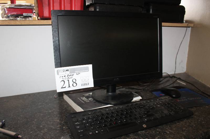 lot 218 image: Lot of Computer Equipment w Chair Including HP Pavilion Slimline Desktop Windows 7, Monitor, Keyboard