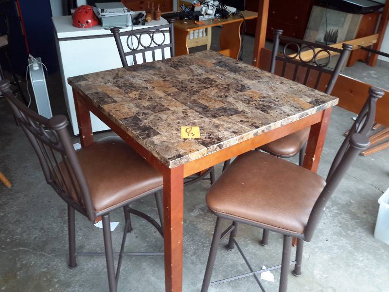 High Table and 4 metal and upholstered chairs.
