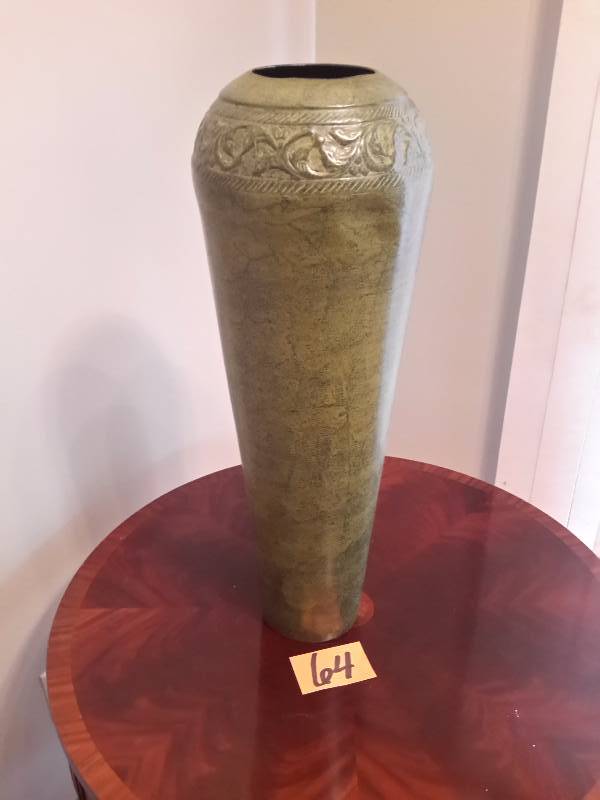 Metal Vase.  26in h.. Nice for displaying tall grasses or other dcor.