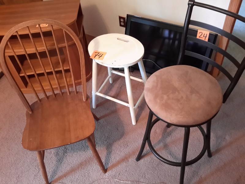 3 nice solid chairsstools.  1, oak hoop back  1 metal and upholstered bar stool.. Seat height 29 in  Wood stool with carrying slot in seat.. 24in h.