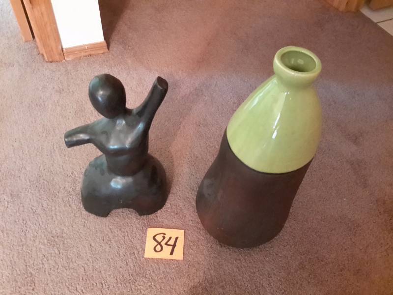 21in tall ceramic vase with small mouth  Wood, human bust statue 16in tall.