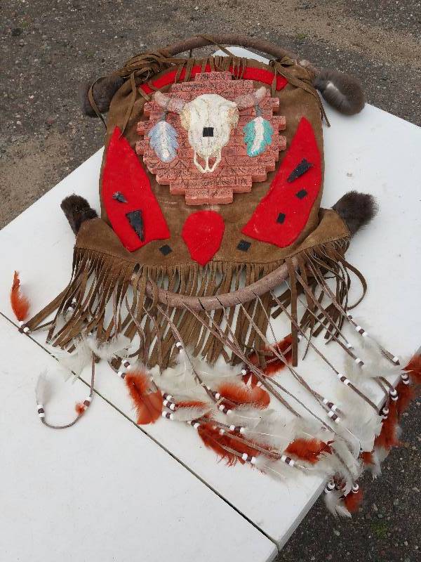 lot 55 image: Leather & Terra Cotta Native American Wall Hanging