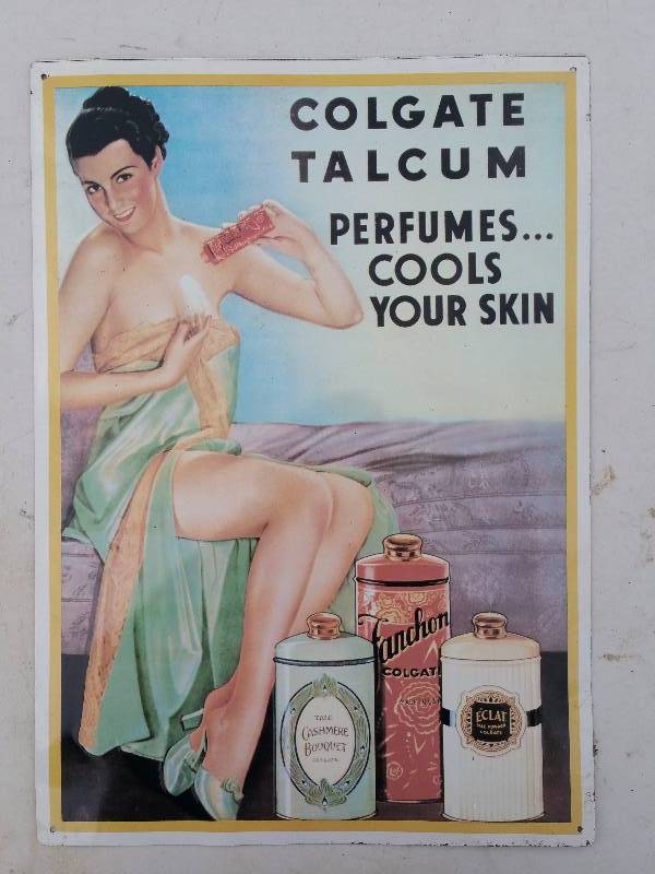 lot 82 image: Colgate Talcum Metal Embossed Advertising Sign