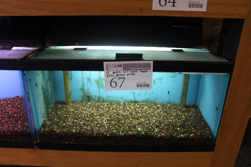 lot 67 image: 15-Gallon Aquarium w Glass top, Light, Under-gravel Filter, and Gravel