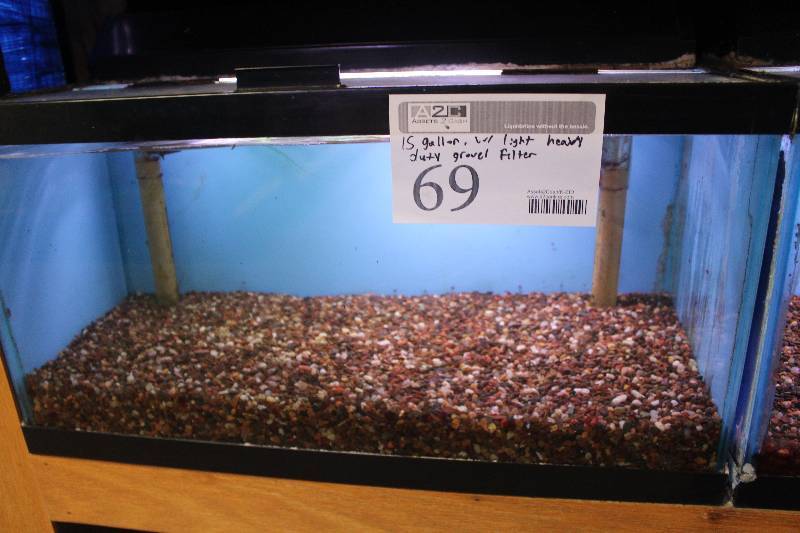 lot 69 image: 15-Gallon Aquarium w Glass top, Light, Under-gravel Filter, and Gravel