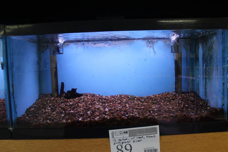 lot 89 image: 15-Gallon Aquarium w Glass top, Light, Under-gravel Filter, and Gravel
