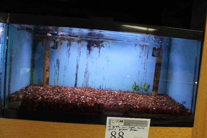 lot 88 image: 15-Gallon Aquarium w Glass top, Light, Under-gravel Filter, and Gravel