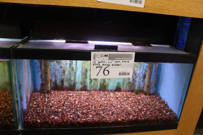 lot 76 image: 15-Gallon Aquarium w Glass top, Light, Under-gravel Filter, and Gravel