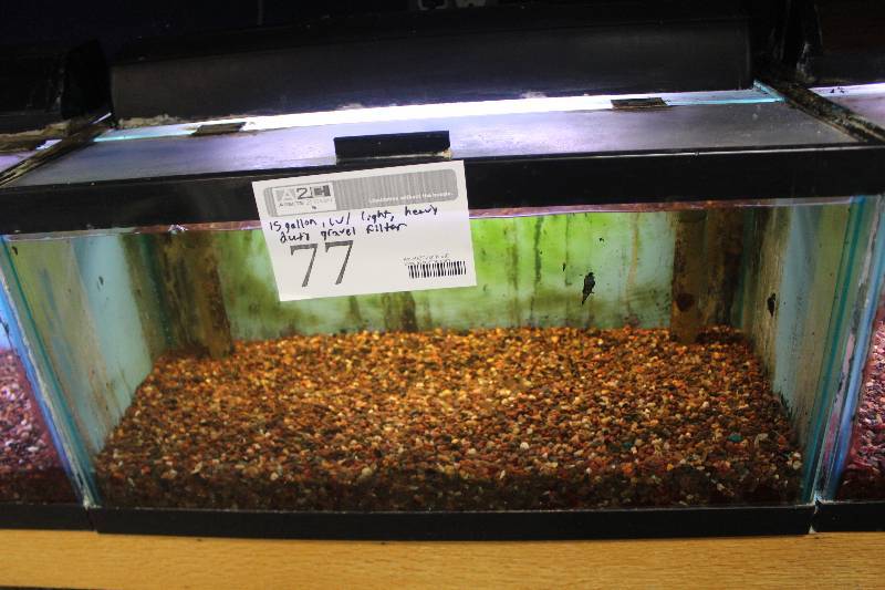 lot 77 image: 15-Gallon Aquarium w Glass top, Light, Under-gravel Filter, and Gravel