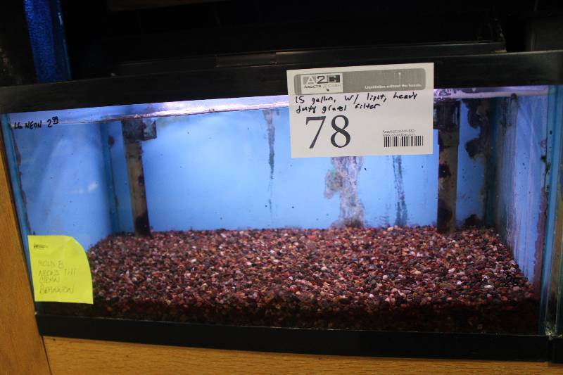 lot 78 image: 15-Gallon Aquarium w Glass top, Light, Under-gravel Filter, and Gravel