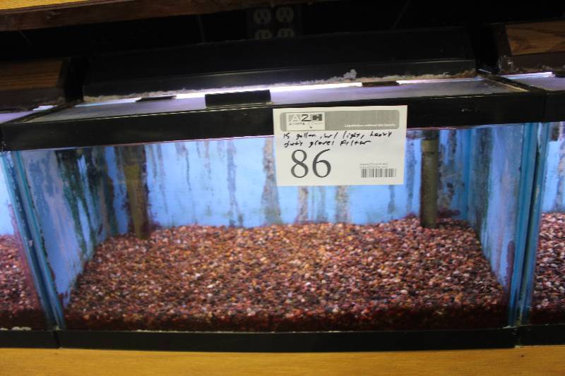 lot 86 image: 15-Gallon Aquarium w Glass top, Light, Under-gravel Filter, and Gravel