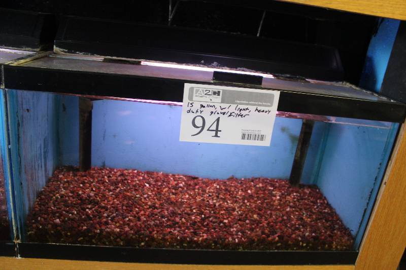 lot 94 image: 15-Gallon Aquarium w Glass top, Light, Under-gravel Filter, and Gravel
