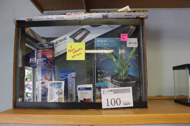 lot 100 image: 20-Gallon Aquarium kit.  Kit includes tank, top light Filter, Heater,  etc.