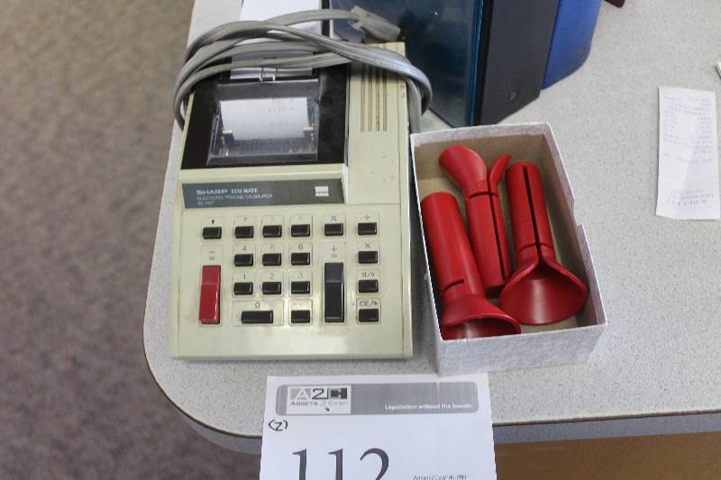 lot 112 image: Lot of (2) Office Equipment Including 1) Sharp ELSI MATE Electronic Printing Calculator Model EL-1057 AND 1) Plastic Coin Roll Funnels