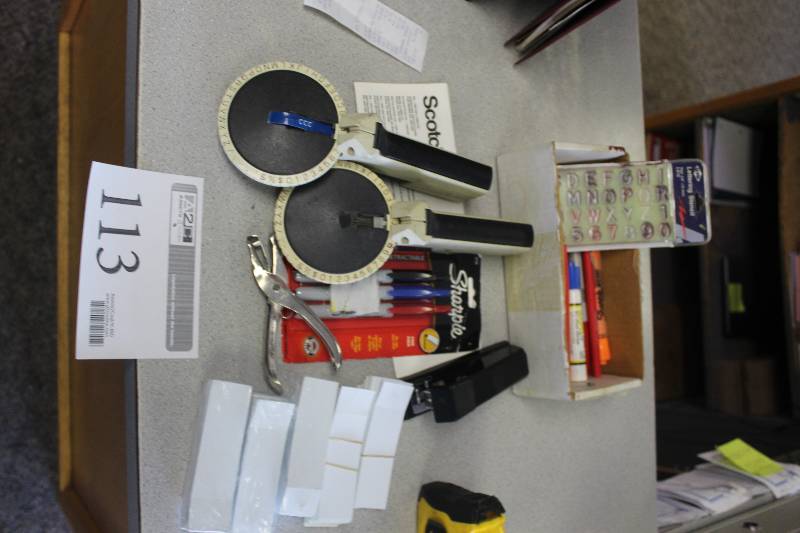 lot 113 image: Lot of Office Supplies Including Stapler, Labels, Labelers, Markers, And More