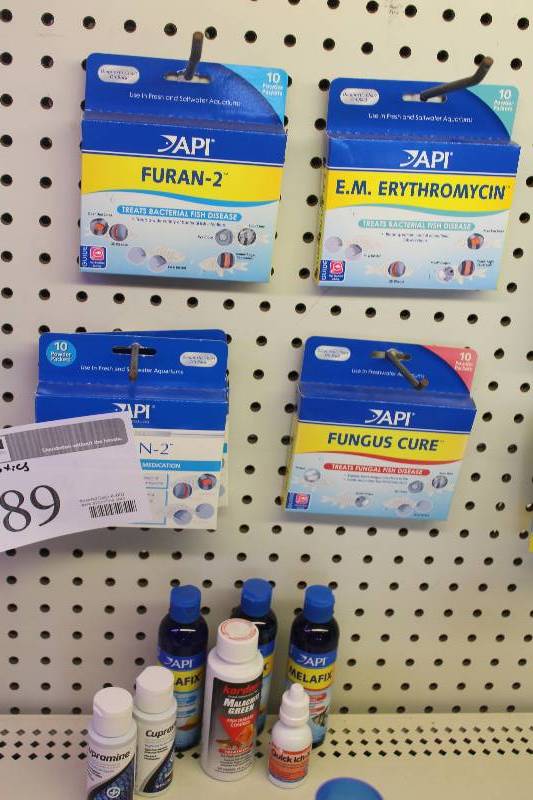 lot 189 image: Lot of medications Including Furan-2, E.M. Erythromycin, Fungus Cure, Cupramine, Malachite Green, Quick Ick, Melafix