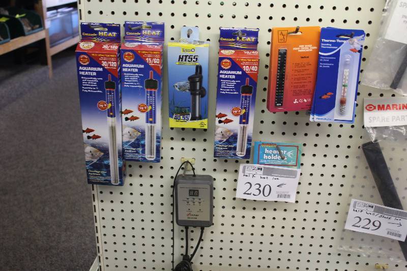 lot 230 image: Half Wall Lot of Aquarium Equipment Including Heaters, Thermometers, Finnex HC-810M Digital Thermometer