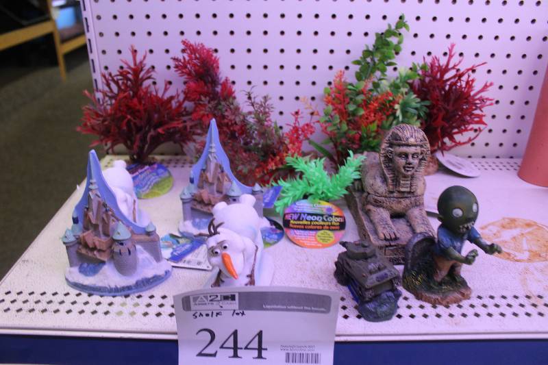 lot 244 image: Shelf Lot of Aquarium Decorations Including Frozen