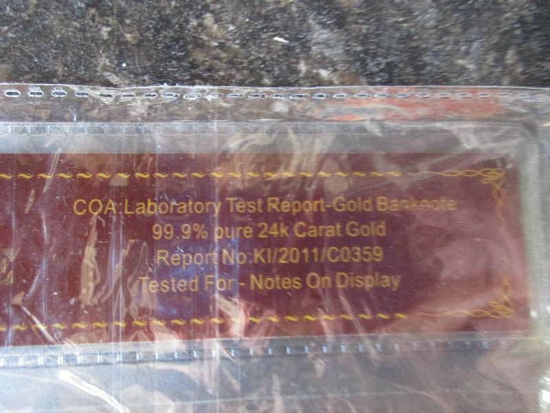$1000 24K Carat 99.9% Pure Gold Banknote-COA