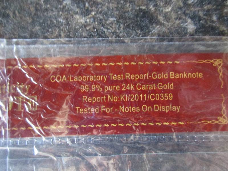 $1000 24K Carat 99.9% Pure Gold Banknote-COA