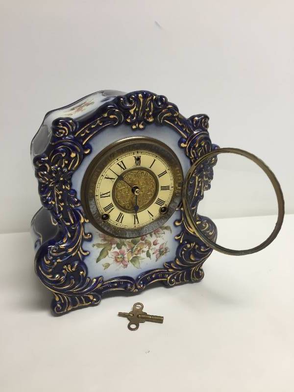 lot 12 image: Gilbert, Rare  Antique (1903), Cobalt Blue, Porcelain Mantel Clock #439 with Original Key