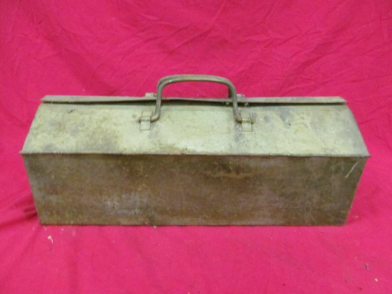 lot 49 image: vintage metal tool box with sanding block ans saw