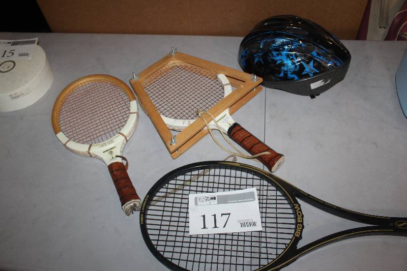 lot 117 image: Lot of (4) Sporting Equipment Including 3) Rackets AND 1) Helmet