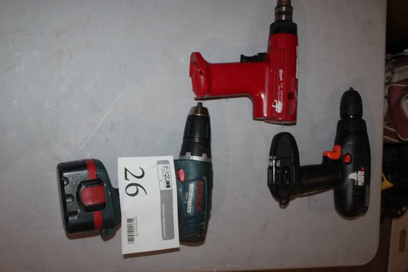 lot 26 image: Lot of (3) Cordless Power Tools Including 1) Milwaukee 3.8 Driver Drill AND 1) Bosch Drill AND 1) Black & Decker Drill