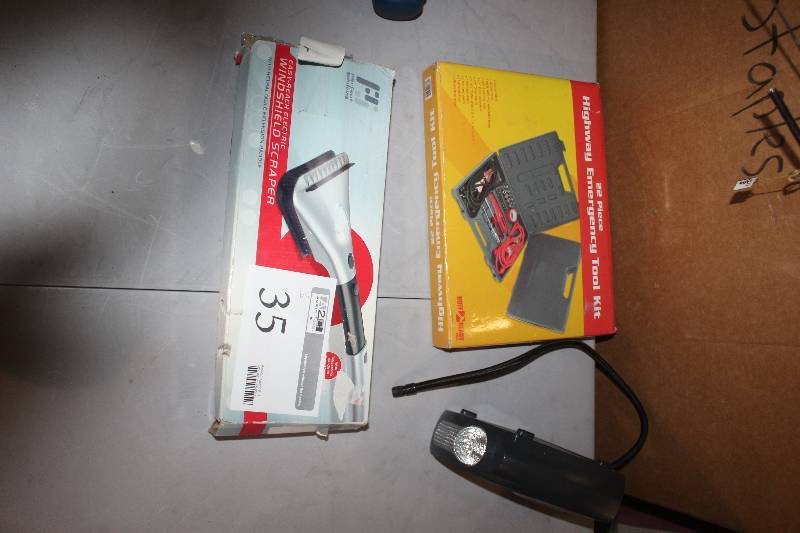 lot 35 image: Lot of (3) Electronics Including 1) Easy Reach Electric Windshield Scraper AND 1) Slime Compressor AND 1) 22-Piece Highway Emergency Tool Kit
