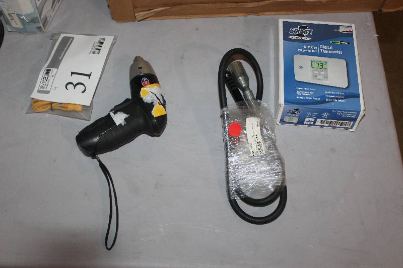 lot 31 image: Lot of (4) Including 1) Cordless Drill AND 1) Temperature Probe AND 1) Dremel Flexible Shaft AND 1) 52 Day Programmable Digital Thermostat