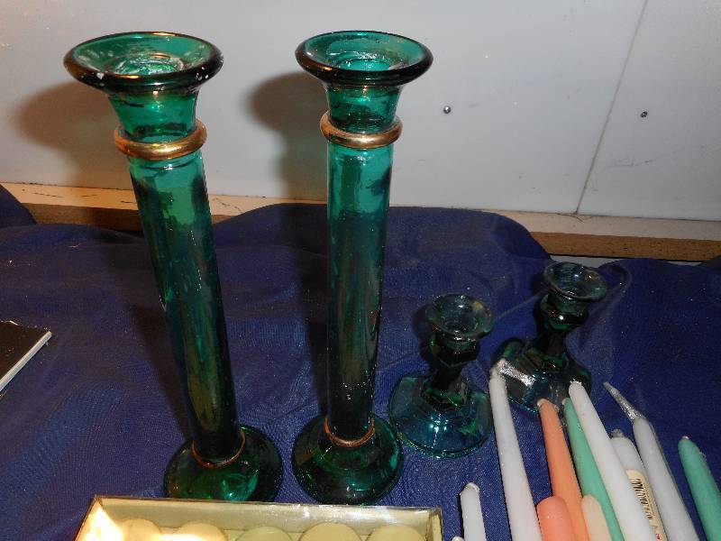 VINTAGE GREEN CANDLE HOLDERS AND BUD VASES AND CANDLES